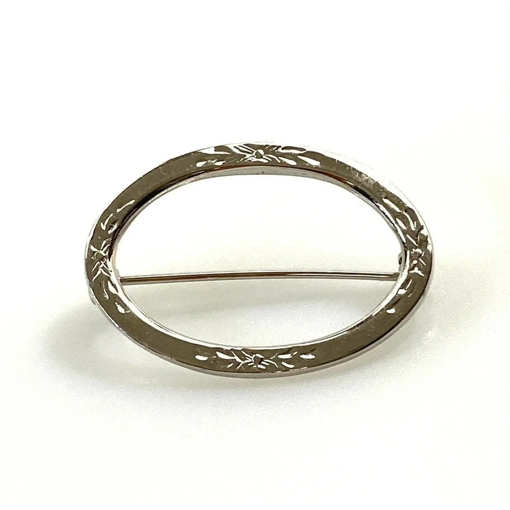 Beau Sterling Brooch Pin Edged Flowers Oval Vintage 50s